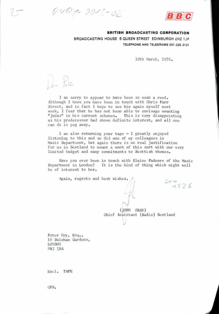 Absage der British Broadcast Corporation an eine filmische Verarbeitung des Stücks "Der Judaskuss - the Kiss of Judas", 1976.